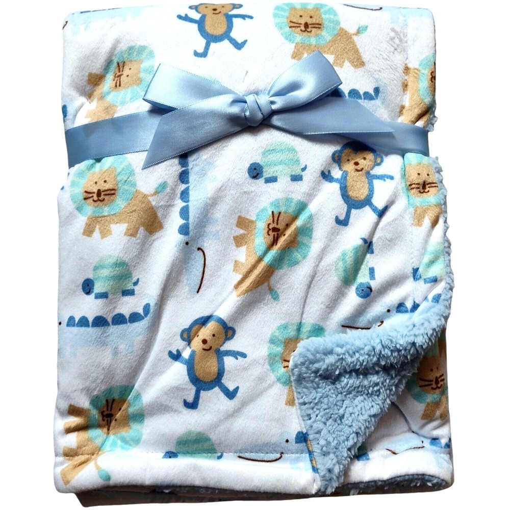 Luvable Friends Baby Boy Blue Safari Plush Blanket Monkey Lion Alligator Sherpa‎
